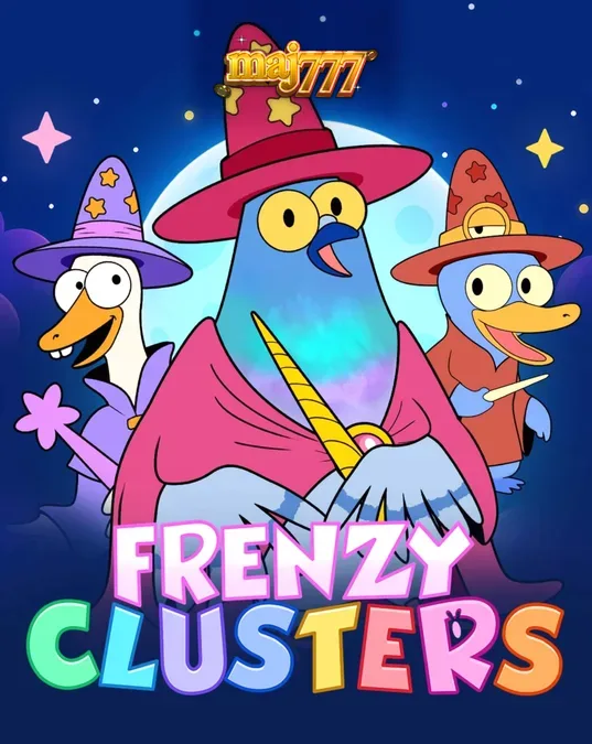 Frenzy Clusters slot game grid with magical symbols and hero selection